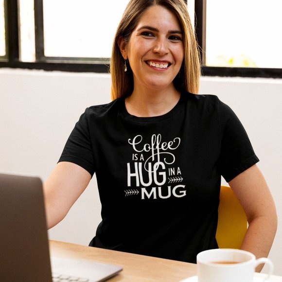 Coffee is a Hug in a Mug I Gildan brand T-Shirt I Small thru 2XL I Color Black - Picture 1 of 2